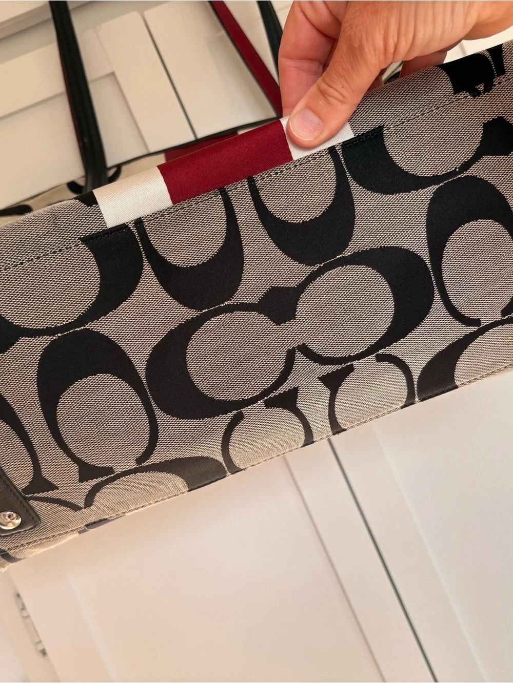 Coach Signature Stripe Tote Bag - Black, White & Red